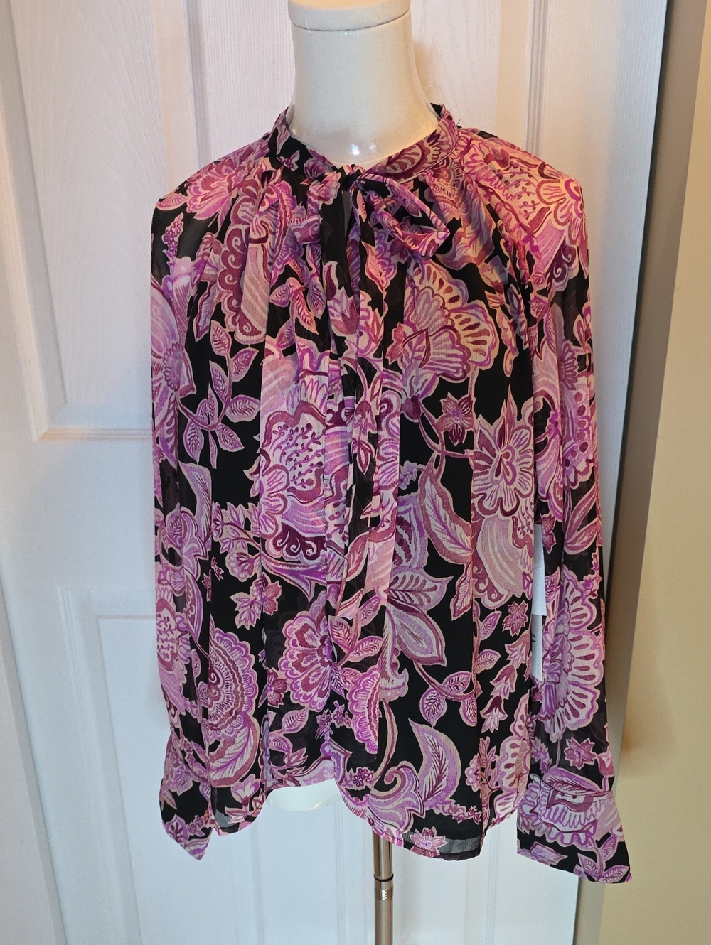 NWT CeCe Black Blouse with Pink Floral Tie-Neck